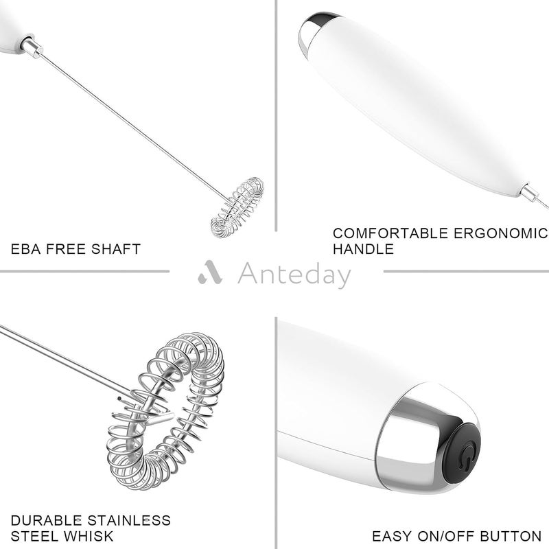 Anteday Frother Handheld for Coffee, Milk Frother Upgraded Matcha Whisk Drink Mixer Electric Mini Hand Mini Whisk Foamer Coffee Mixer for Lattes Cappuccino Frappe Matcha Hot Chocolate, White - Image 1
